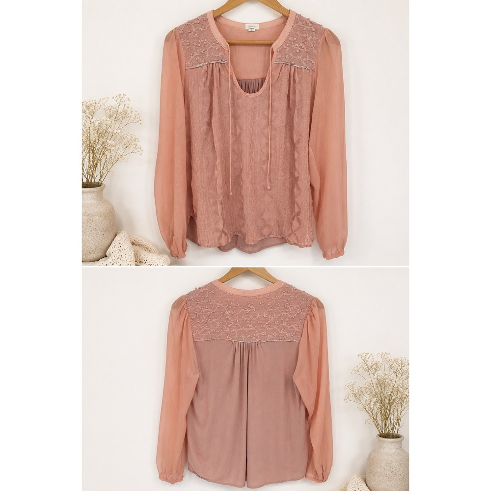 Tiny Peasant Blouse Womens S Pink Boho Embroidered Sheer Sleeve Ethereal Fairy